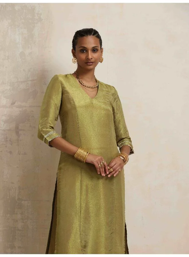 trueBrowns Green Tissue Straight Kurta Set