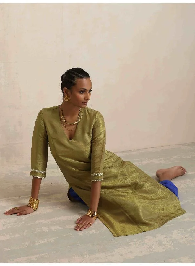 trueBrowns Green Tissue Straight Kurta Set