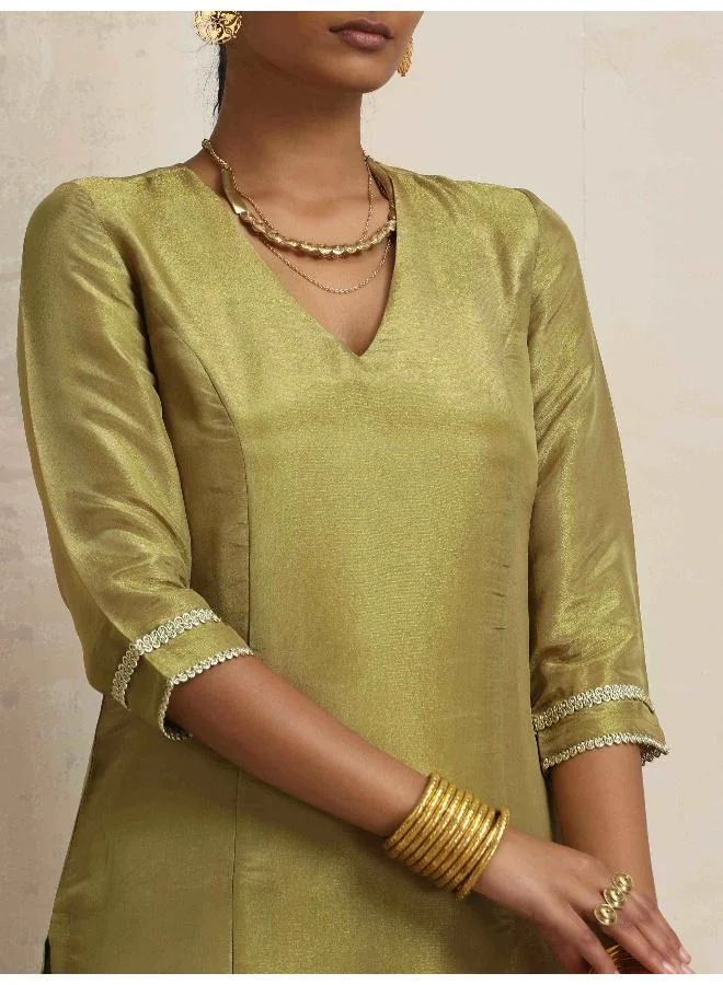 trueBrowns Green Tissue Straight Kurta Set