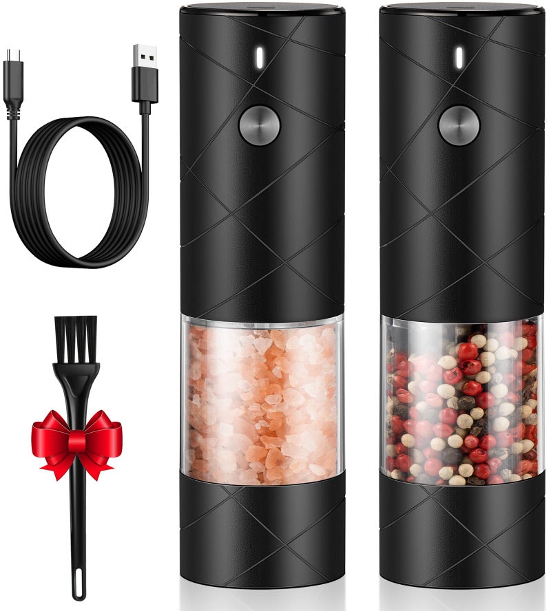 Rechargeable Electric Salt and Pepper Grinder Set  Extra Large Capacity  Automatic Black Peppercorn  Sea Salt Mill Grinders Set with Adjustable Coarseness  LED Light