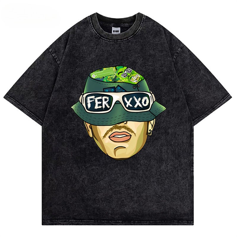 Retro Anime Printed Short-Sleeved T-Shirt Men'S Ins National Fashion Brand Washed Old Loose Cotton Top - Image 1