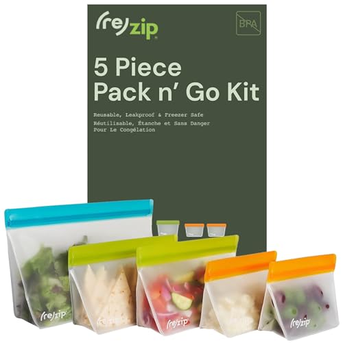 Rezip (re) zip 5-Piece Stand-Up Pack n Go Reusable Bag Kit, BPA-Free, Food Grade, Leakproof, Freezer and Dishwasher Safe, Quart (1), 2-Cup (2), Snack (2) - Multicolor - Image 1