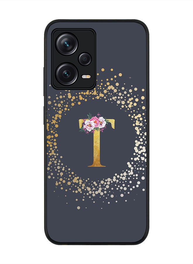 Stylizedd Rugged Black edge case for Redmi Note 12 Pro 5G Slim fit Soft Case Flexible Rubber Edges Anti Drop TPU Gel Thin Cover - Custom Monogram Initial Letter Floral Pattern Alphabet - T - Grey - Image 1