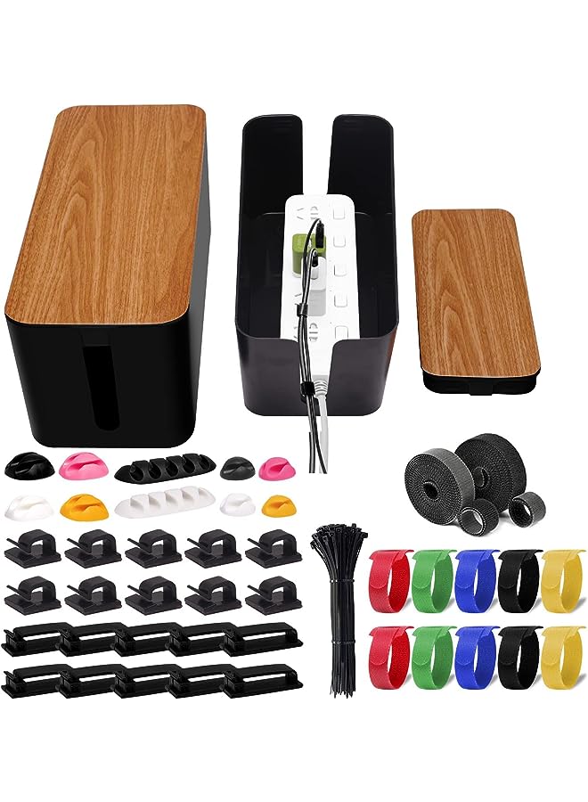 PROMASS Cable Management Box 142 Pcs Cable Management for Power Strip with 2 Cord Organizer Boxes Cord Management Wire Organizer of Cable Clips&Cable Sleeve for Home&Office (Black) - Image 1