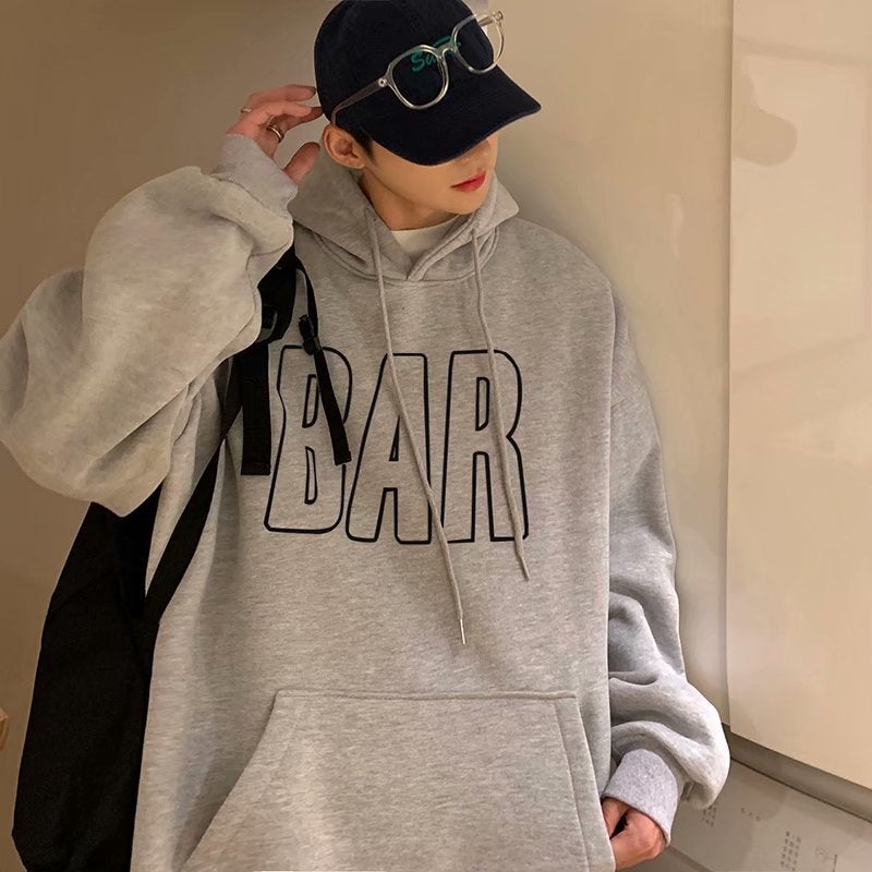 Mens Winter Thickened Fleece Hoodie Casual Korean Trend Oversized Letter Coat W127 light gray 