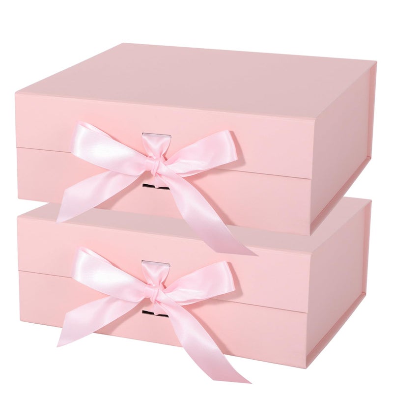 LFBOX Pink Gift Box with Ribbon Magnetic Lids 10.2x9x3.74 in, Bridesmaid Groomsman Proposal Boxes, Wedding Graduation Storage Box 2 Pack - Image 1