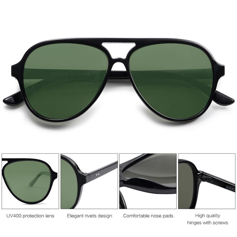 SOJOS Classic Polarized Aviator Sunglasses for Women Men, Retro Trendy Aviators Shades SJ2201, Shiny Black/Dark Green - Image 2