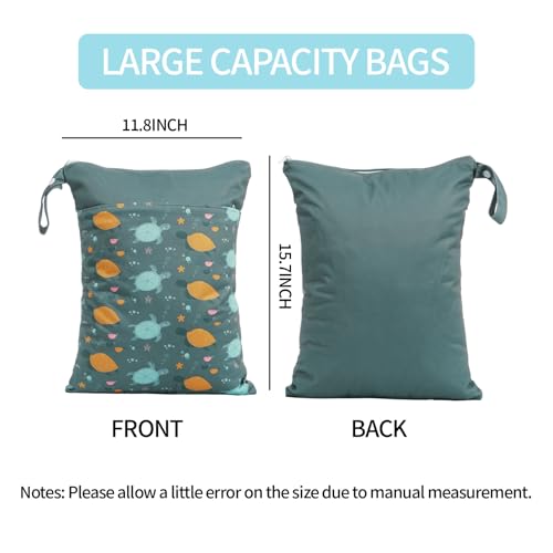 CoolaPeach 2pcs Wet Bags Waterproof Reusable Wet Dry Bag with Two Zippered Pockets Travel Beach Pool Daycare Yoga Gym Bag for Baby Cloth DiaperSwimsuitsWet Clothes Turtles Seagrass - Image 3