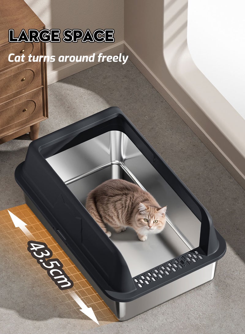Kidle Large Stainless Steel Cat Litter Box with Litter Scoop Cat Toilet Cat Litter Tray High Wall Side Shell Non-Sticky Anti Splashing and Easy Clean 33.5*43.5*25.5cm - Image 4