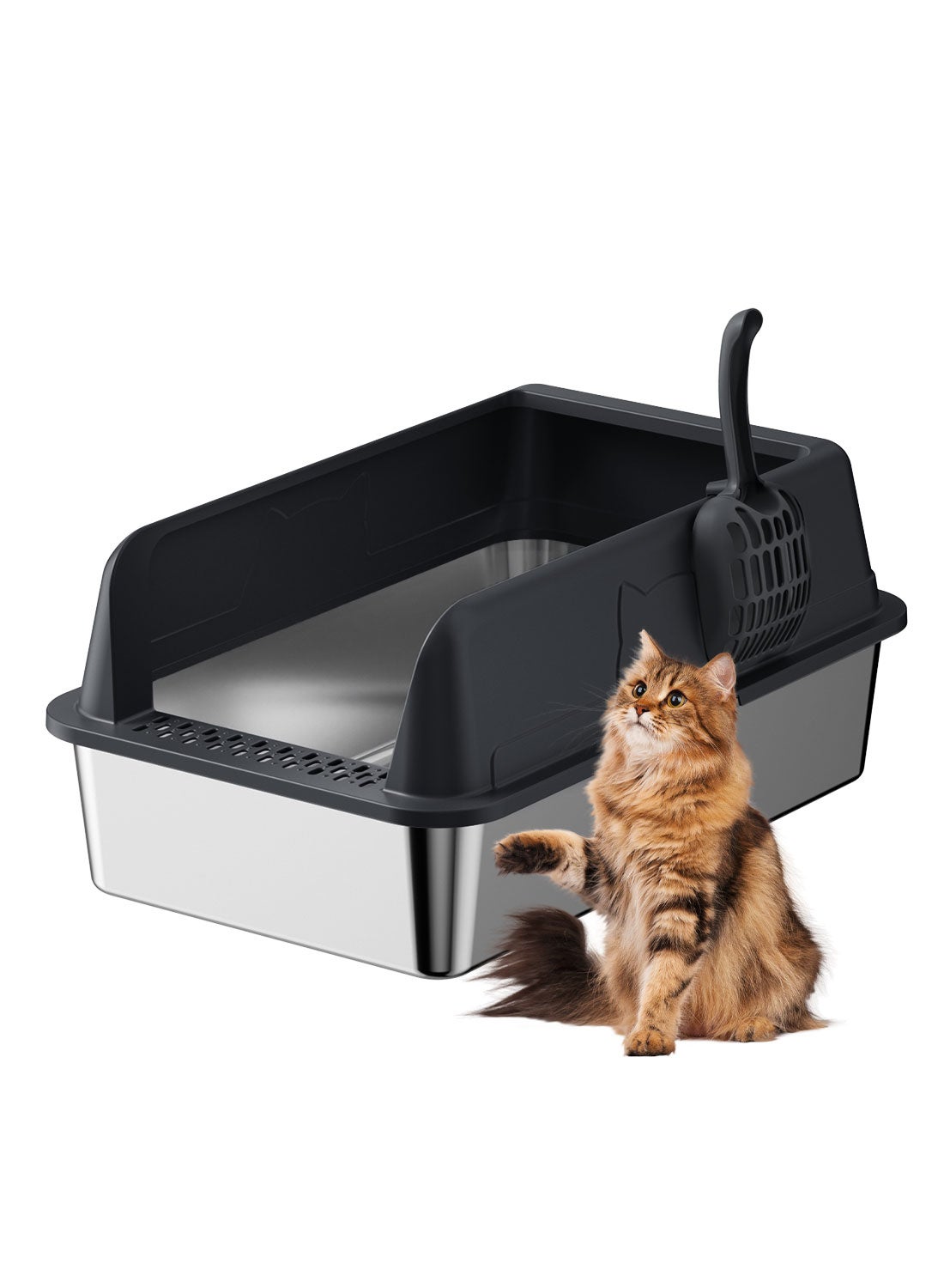 Large Stainless Steel Cat Litter Box with Litter Scoop Cat Toilet Cat Litter Tray High Wall Side Shell Non-Sticky Anti Splashing and Easy Clean 33.5*43.5*25.5cm