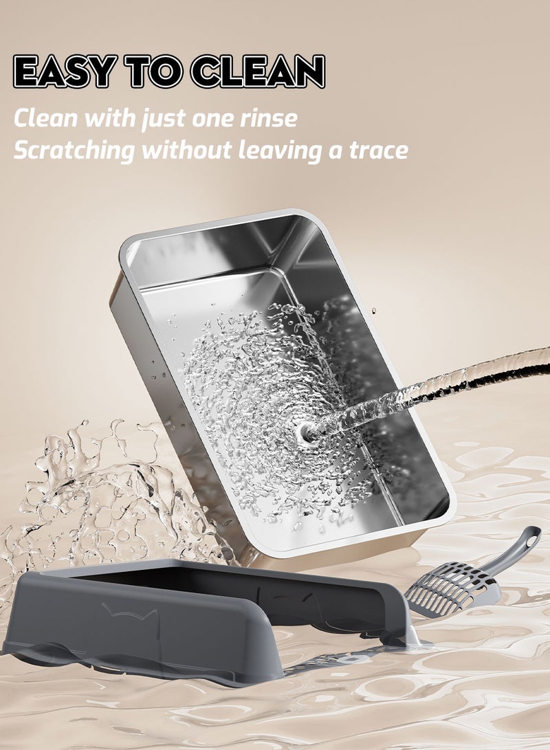 Kidle Large Stainless Steel Cat Litter Box with Litter Scoop Cat Toilet Cat Litter Tray High Wall Side Shell Non-Sticky Anti Splashing and Easy Clean 33.5*43.5*25.5cm - Image 3