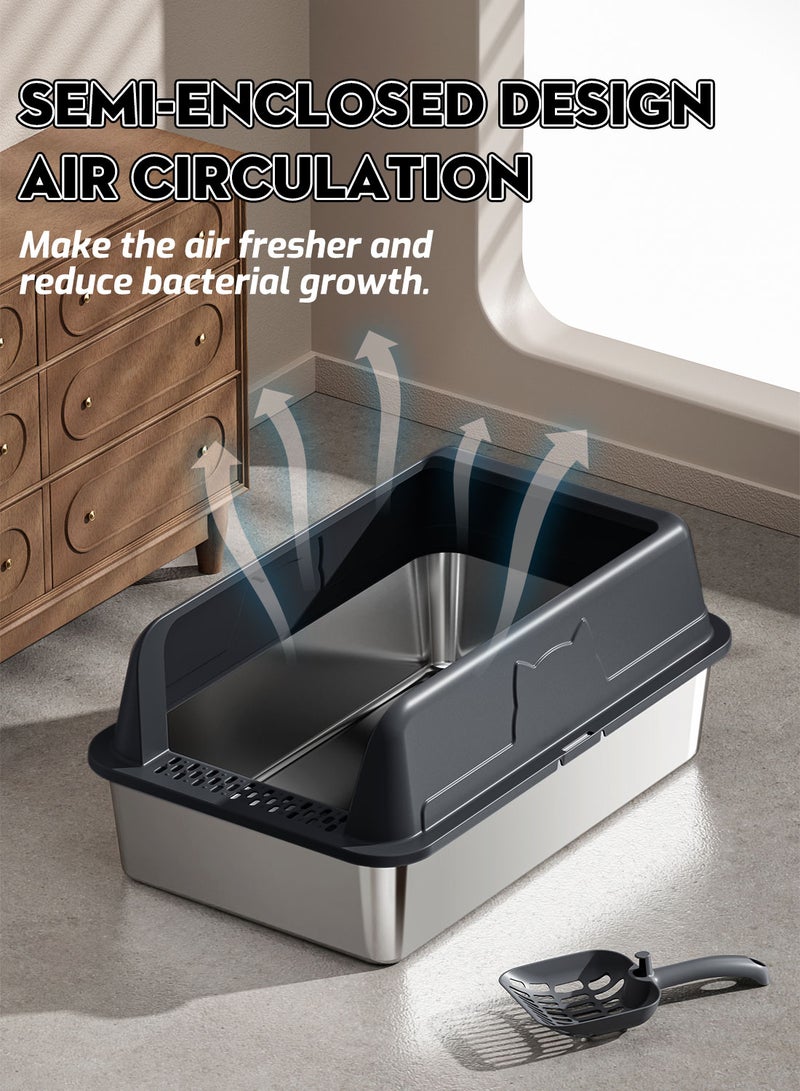 Kidle Large Stainless Steel Cat Litter Box with Litter Scoop Cat Toilet Cat Litter Tray High Wall Side Shell Non-Sticky Anti Splashing and Easy Clean 33.5*43.5*25.5cm - Image 2