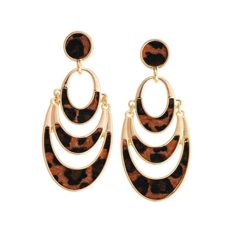 Leopard print multi-layered hollowed-out round silver stud earrings - Image 1