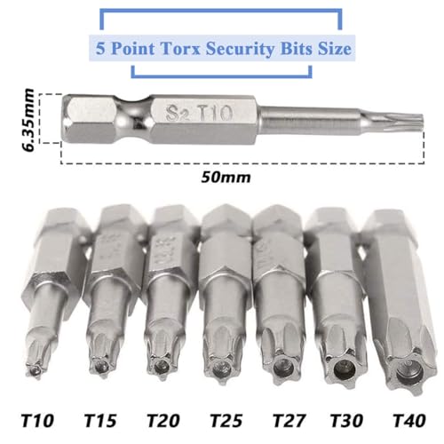 Wolfride 2 Set of 7Pcs 5 Point Torx Security Bits Magnetic 5 point Star Tamper Proof Bit Set 1/4" Hex Shank 5 Sided Torx Screwdriver Bits Set 2-Inch Length |T10 T15 T20 T25 T27 T30 T40 - Image 2
