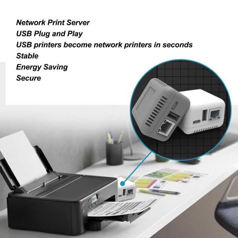 ASHATA USB 2.0 Network Print Server, LAN Print Share Server for USB Printers, Print Server with Type C Power Supply, for Linux 3.4 for for Android (US Plug) - Image 2