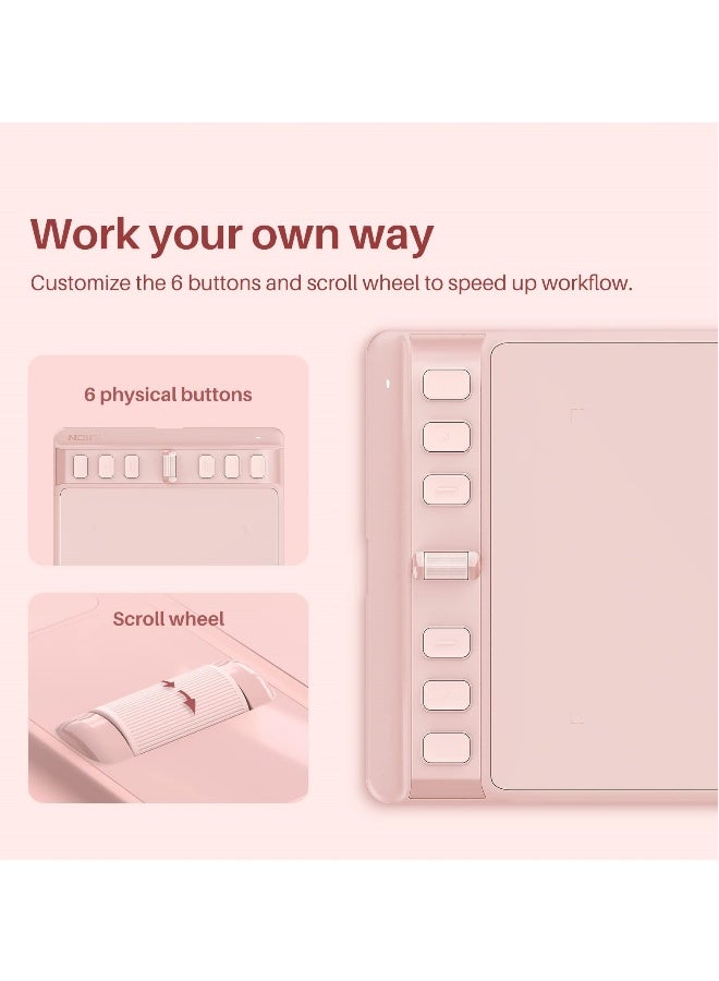 لوح رسم 6x4 بوصة، لوحة فنية رقمية مع 6 مفاتيح اختصار، قلم نشط 8192 بدون بطارية، يعمل كجهاز رسم رقمي للكمبيوتر للأجهزة بنظام ماك، ويندوز وأندرويد (وردي) - Image 3