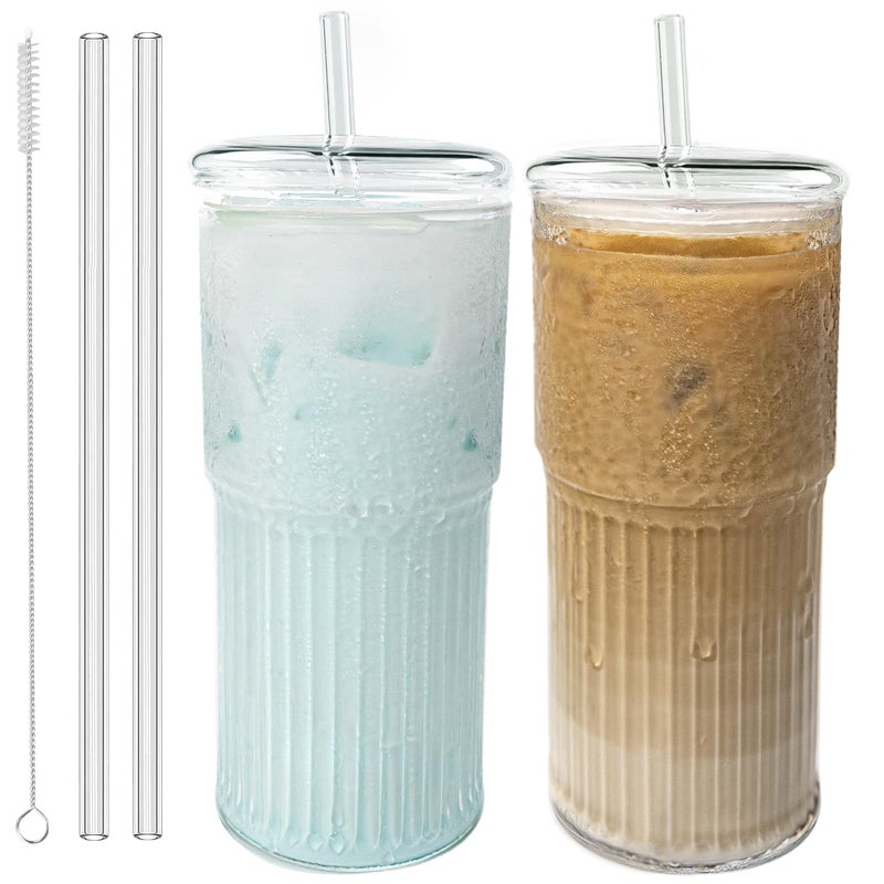 Luiaiog Glass Cups with Lids and Glass Straws, High Borosilicate 20OZ Tumblers (2Pcs) for Coffee, Tea, Juice, Smoothies, Hot/Cold Drinks at Home, Officeï¼ˆChristmas Creative Drink Label Designï¼‰ - Image 1