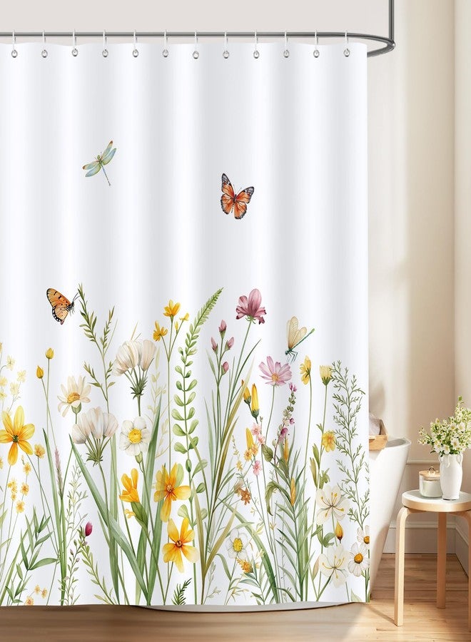 Bonhause Floral Shower Curtain, Yellow White Wildflower Plant Butterfly Spring Summer Bathroom Decor 72x72 Inch Polyester Fabric Waterproof Bath Curtain with 12 Hooks - Image 2