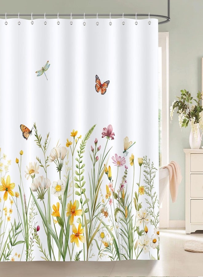 Bonhause Floral Shower Curtain, Yellow White Wildflower Plant Butterfly Spring Summer Bathroom Decor 72x72 Inch Polyester Fabric Waterproof Bath Curtain with 12 Hooks - Image 1