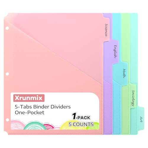 XRUNMIX 【5 Tabs Dividers with Pockets for 3 Ring Binder, 5 Count Binder Dividers for US Letter Size, Tabbed Dividers for School, Office, and Home Organization, 5 Pastel Colors (1)】 - Image 1