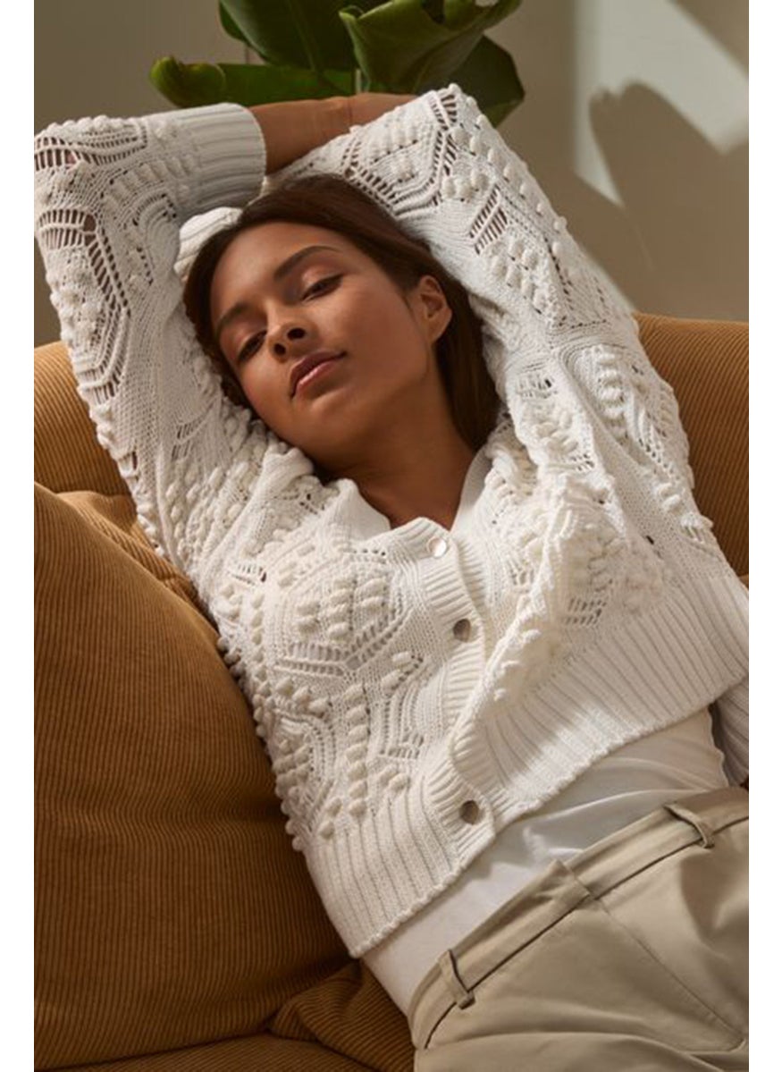 Tchibo - Women V-neck Textured Cardigan, White - Image 1