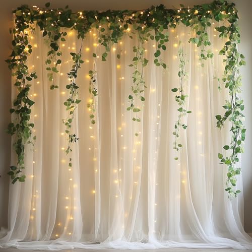 Patioman 10x10ft Ivory Tulle Backdrop Curtain with String Lights, Wrinkle-Free Sheer Wedding Backdrop for Birthday Parties, Baby Showers, Bridal Showers, Photo Shoots and Home Decorations, Ivory - Image 1