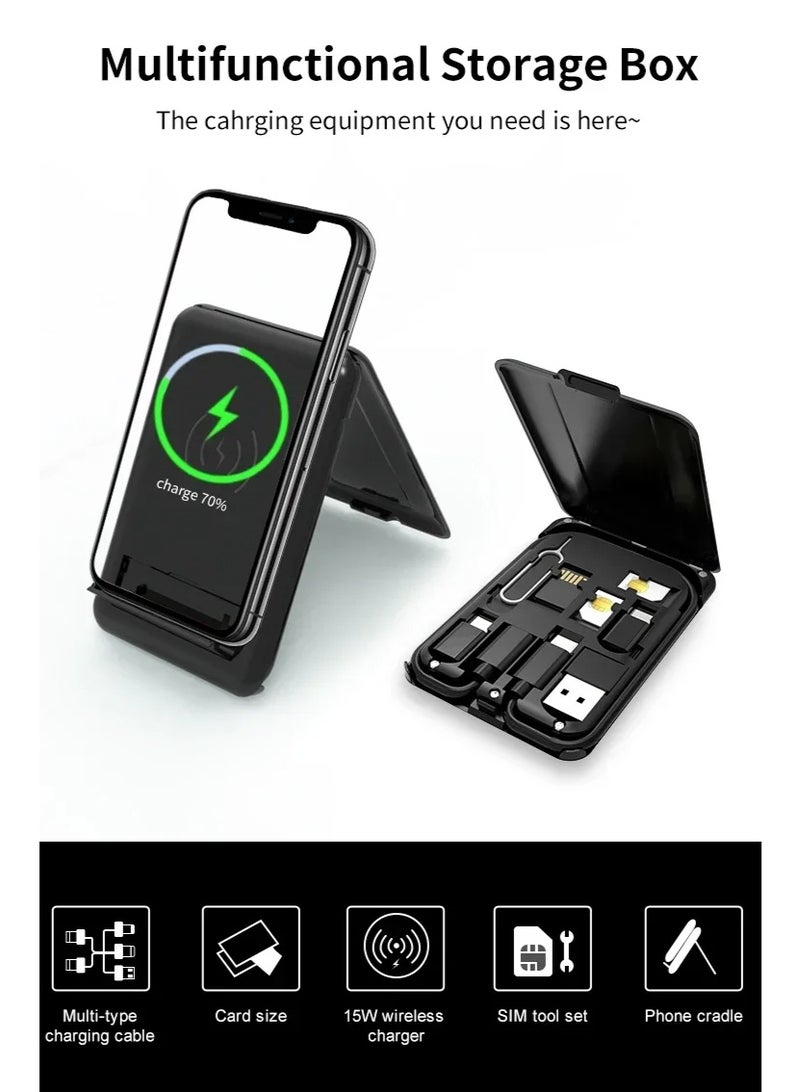 9-in-1 Fast Wireless Charger Stand with Multi-pin Cable Adapter, SIM Card Slot and Storage Box for Apple and Samsung Charging - Image 1