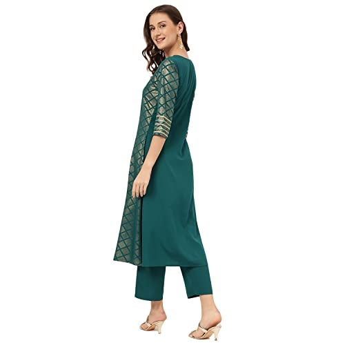 FIORRA Women's Teal Blue Poly Crepe A-line Kurta with Pant SET0081-XL - Image 4