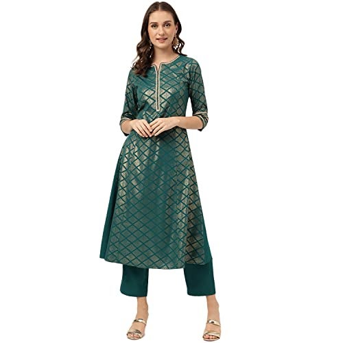 FIORRA Women's Teal Blue Poly Crepe A-line Kurta with Pant SET0081-XL - Image 5