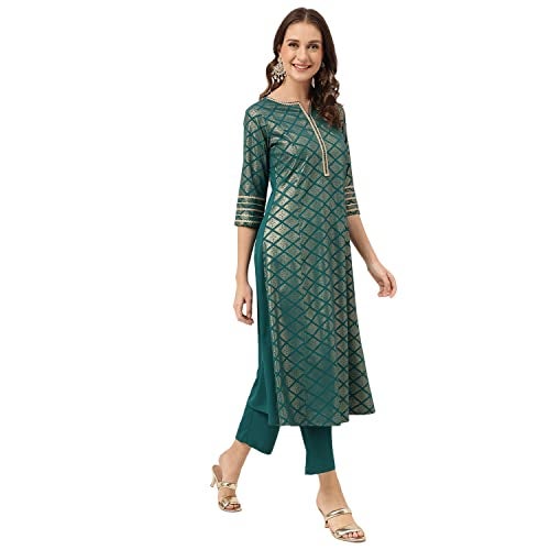 FIORRA Women's Teal Blue Poly Crepe A-line Kurta with Pant SET0081-XL - Image 3