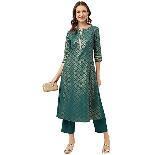 FIORRA Women's Teal Blue Poly Crepe A-line Kurta with Pant SET0081-XL - Image 1