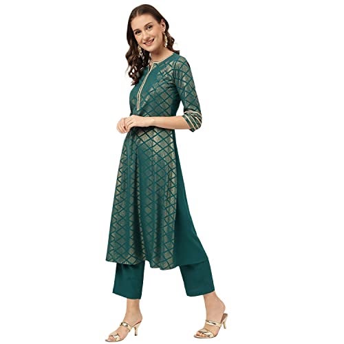 FIORRA Women's Teal Blue Poly Crepe A-line Kurta with Pant SET0081-XL - Image 2