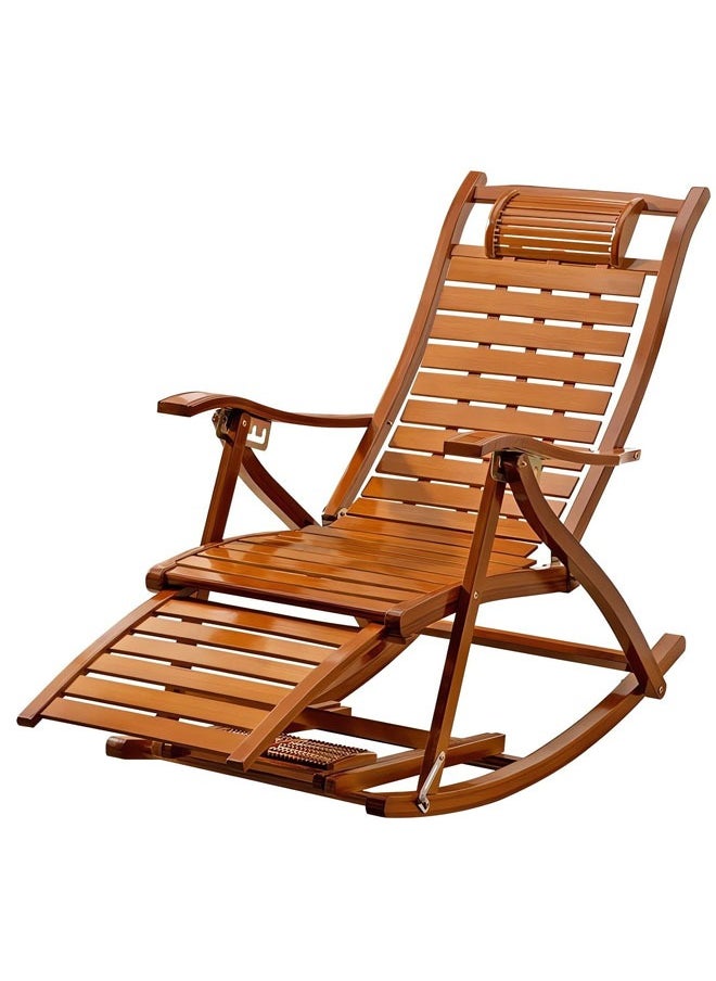 Denzoz - Bamboo Rocking Chair 5 Adjustable Foldable Recliner Chair Patio Chairs with Leg Support Foot Massage Roller Outdoor Rocking Chair for Adults for Living Room Backyard Terrace - Image 1