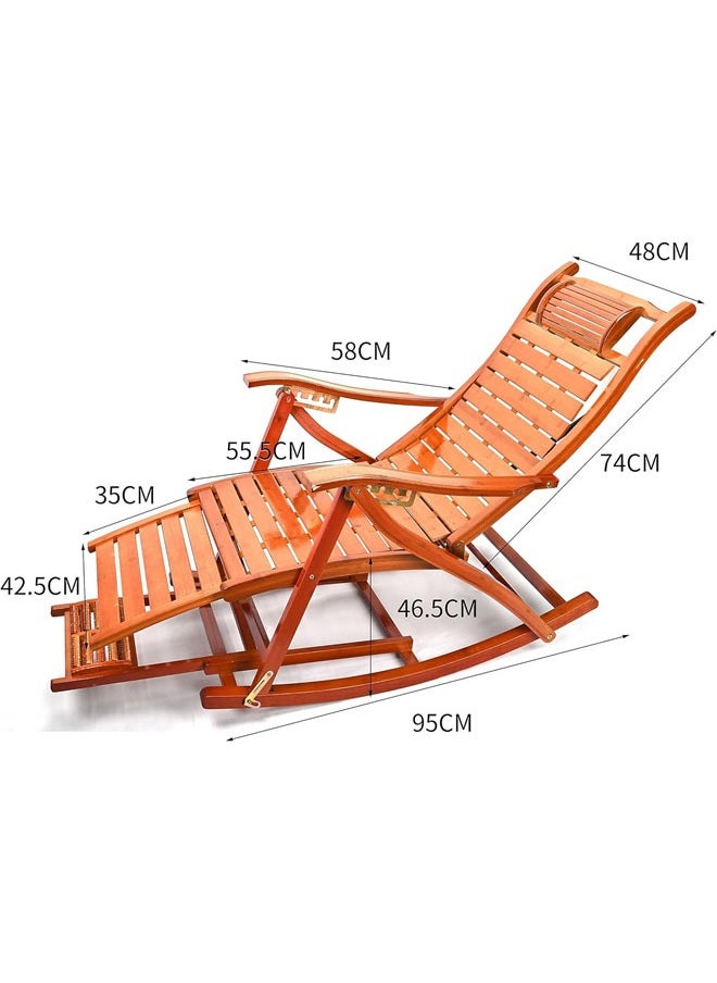 Denzoz - Bamboo Rocking Chair 5 Adjustable Foldable Recliner Chair Patio Chairs with Leg Support Foot Massage Roller Outdoor Rocking Chair for Adults for Living Room Backyard Terrace - Image 1