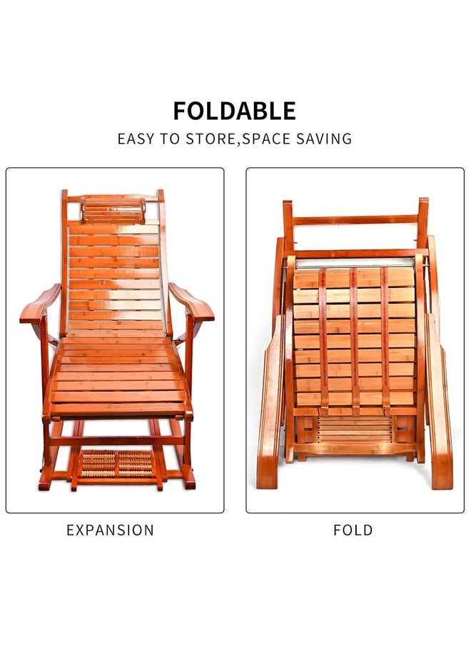 Denzoz - Bamboo Rocking Chair 5 Adjustable Foldable Recliner Chair Patio Chairs with Leg Support Foot Massage Roller Outdoor Rocking Chair for Adults for Living Room Backyard Terrace - Image 1