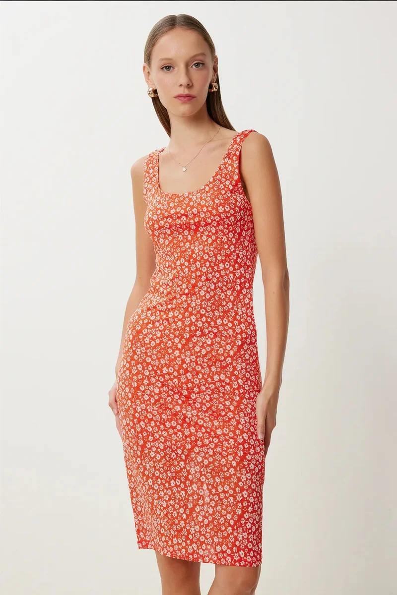 هابينس اسطنبول ISTANBUL Floral Printed Sleeveless Midi Dress with U Collar