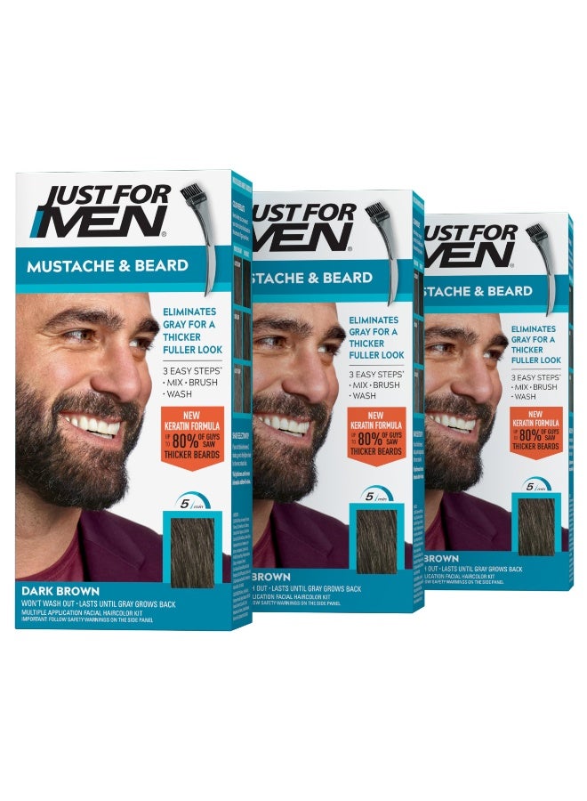 Just For Men Mustache & Beard, Beard Dye for Men with Brush Included, With Keratin Biotin Aloe and Coconut Oil for Healthy Facial Hair - Dark Brown, M-45, Pack of 3 (Packaging May Vary) - Image 1