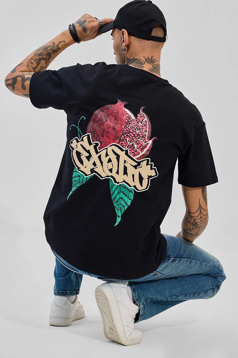 SNITCH Black Graphic Print Oversized Fit T-Shirt