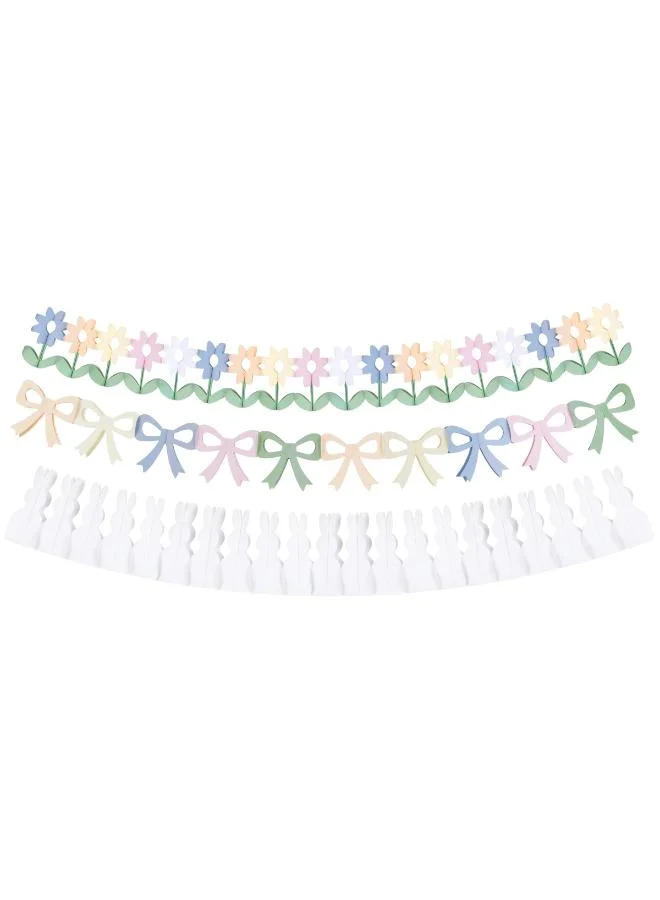 Bunny Paper Garland Set - 3 Paper Garlands with Bunnies, Flowers and Bows on White Cord, Colorful Layered Easter Decoration for Windows, Doorways, Mantels and Garden Parties