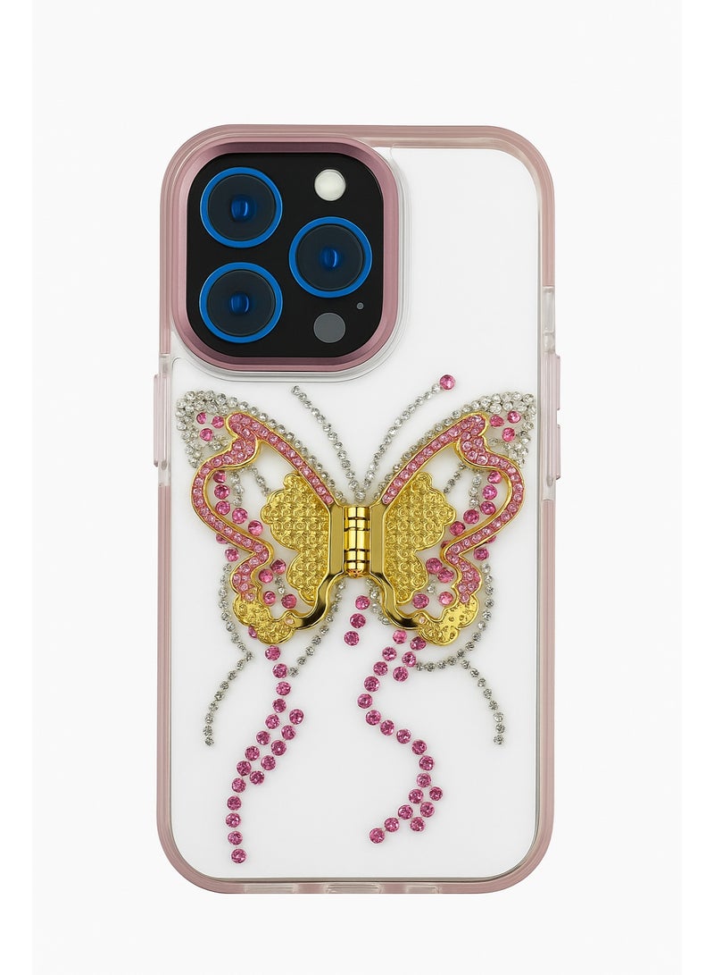 Luxury Transparent Butterfly Case with Gold & Pink Crystals for iPhone 16 Pro