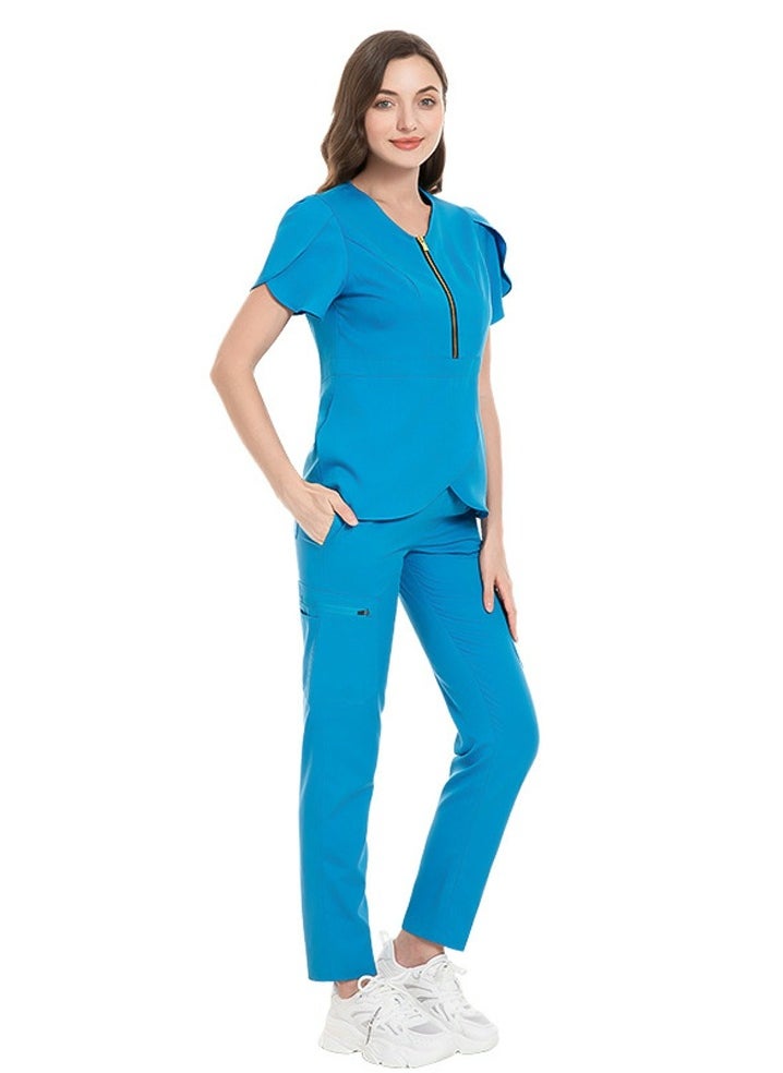 Loquat Womens Slim Fit Medical Uniform Scrubs 2 Piece Set V-Neck Zipper Top and Elastic Waist Pants Suit Blue  - Image 1