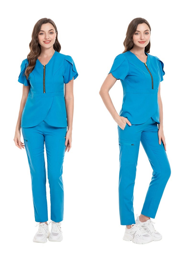 Loquat Womens Slim Fit Medical Uniform Scrubs 2 Piece Set V-Neck Zipper Top and Elastic Waist Pants Suit Blue  - Image 2