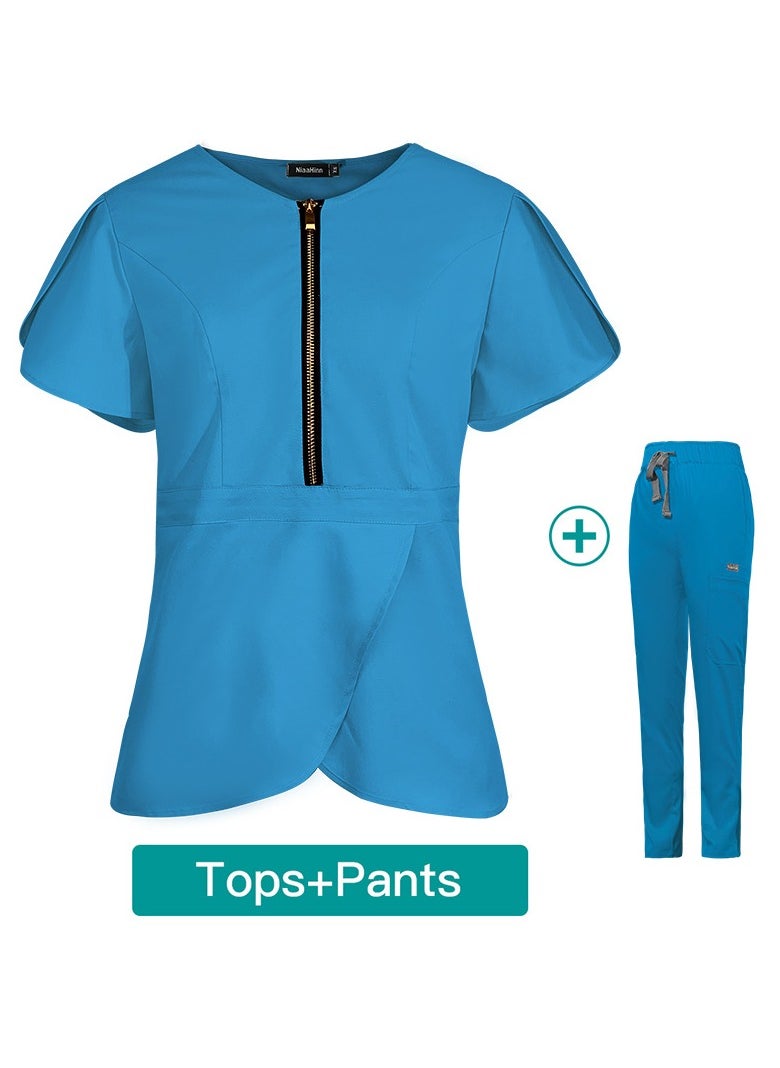 Loquat Womens Slim Fit Medical Uniform Scrubs 2 Piece Set V-Neck Zipper Top and Elastic Waist Pants Suit Blue  - Image 3