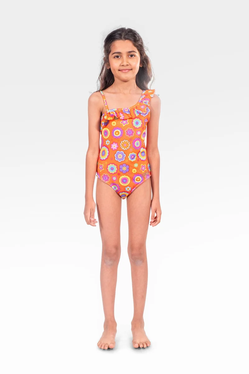 كويجا صن وير COEGA One Piece Swim Suit with Frill Girls Sz4 - Pink Orange Groovy
