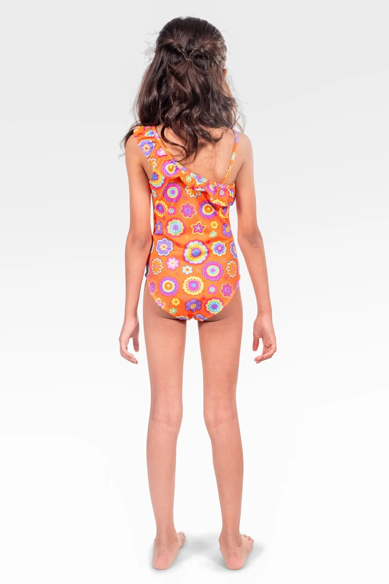 كويجا صن وير COEGA One Piece Swim Suit with Frill Girls Sz4 - Pink Orange Groovy