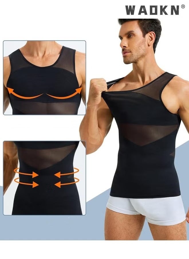 WAOKN Chest Compression Vest Men Body Shaper Sleeveless Posture Corrector Slimming Waist Control Tummy Trimmer Mesh Tops Compression Shirt for Men Slimming Undershirt Body Shaper Tank top Shapewear Vest  - Image 2