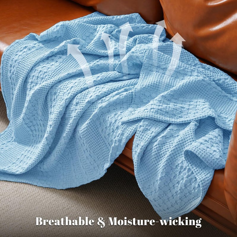 PHF King Size 230cm x 275cm 100% Cotton Waffle Weave Blanket – Pre-Washed Lightweight Breathable Throw for Bed, Couch or Sofa, Oeko-TEX Certified, Sky Blue - Image 3