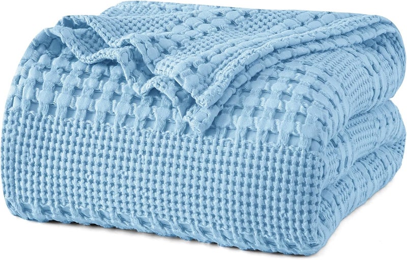 PHF King Size 230cm x 275cm 100% Cotton Waffle Weave Blanket – Pre-Washed Lightweight Breathable Throw for Bed, Couch or Sofa, Oeko-TEX Certified, Sky Blue - Image 1