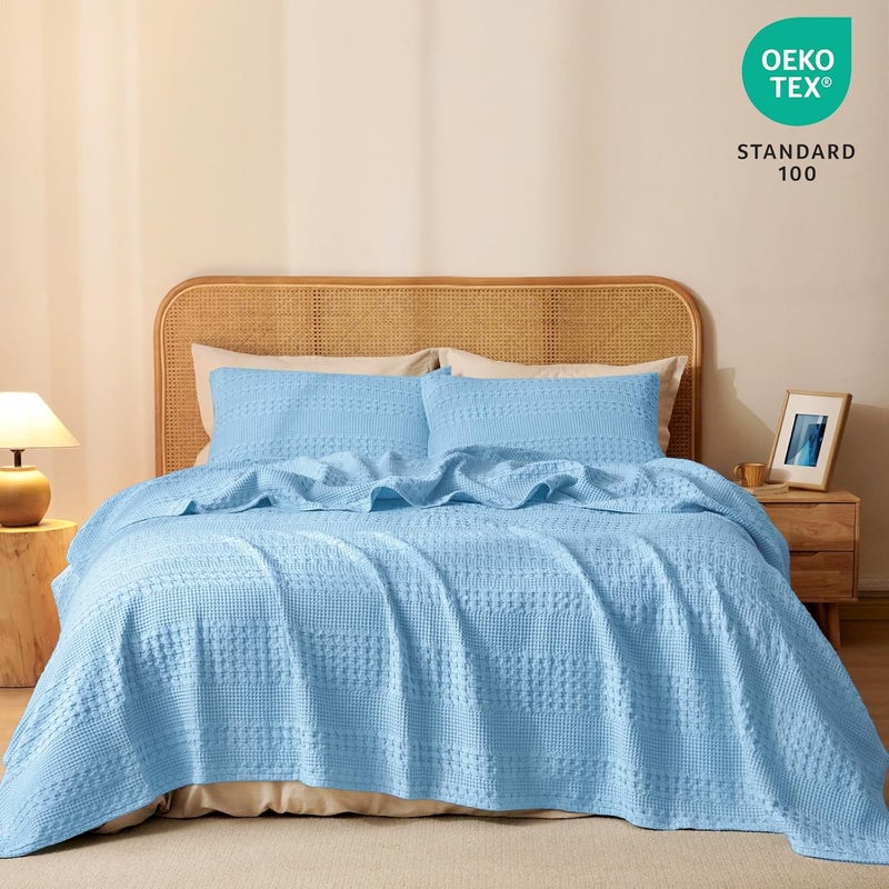 PHF King Size 230cm x 275cm 100% Cotton Waffle Weave Blanket – Pre-Washed Lightweight Breathable Throw for Bed, Couch or Sofa, Oeko-TEX Certified, Sky Blue - Image 5