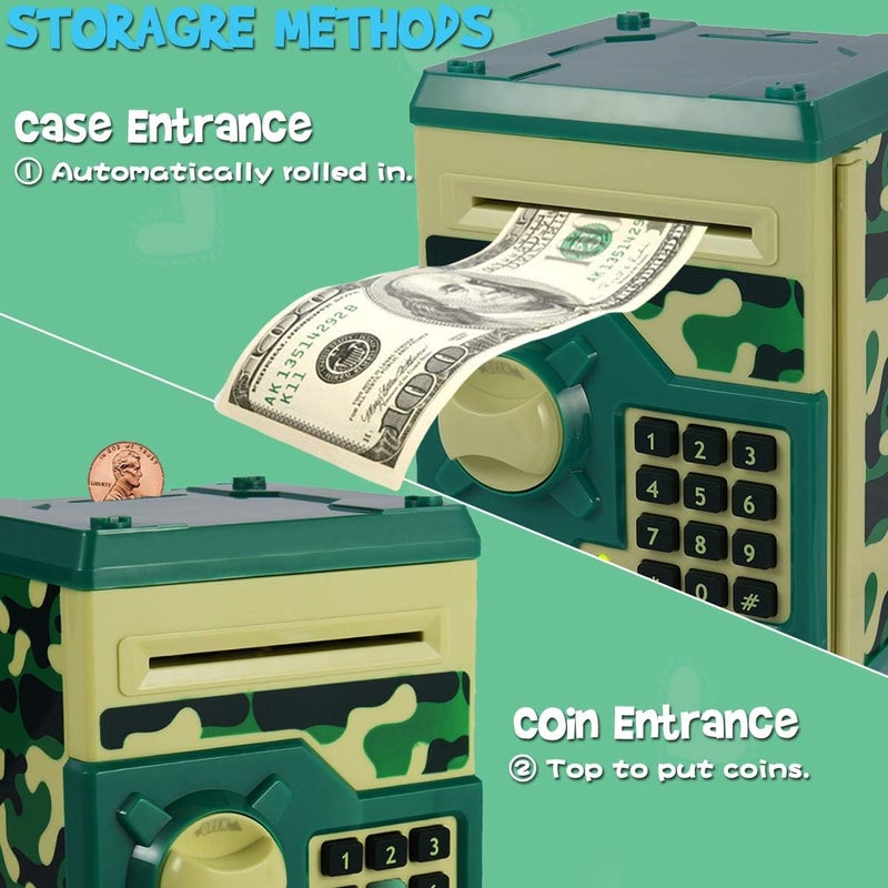 Yoego Kids Money Bank, Electronic Piggy Banks, Great Gift Toy for Kids Children, Auto Scroll Paper Money Saving Box Password Coin Bank,Perfect Toy Gifts for Boys Girls (Green Camo) - Image 2
